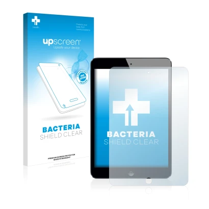 Parte frontal de un envase de producto con el logotipo de la marca upscreen. Al lado se muestra el dispositivo Apple iPad Mini