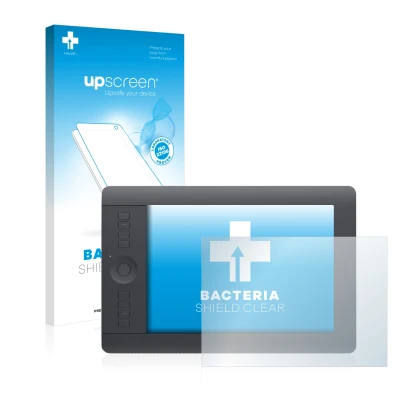Parte frontal de un envase de producto con el logotipo de la marca upscreen. Al lado se muestra el dispositivo Wacom Intuos Pr