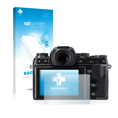 Parte frontal de un envase de producto con el logotipo de la marca upscreen. Al lado se muestra el dispositivo Fujifilm X-T1 c