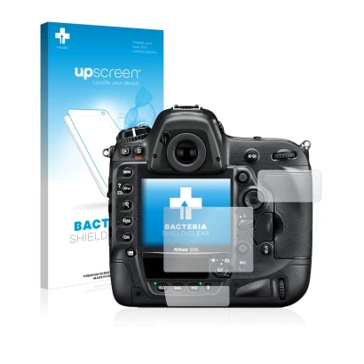 Parte frontal de un envase de producto con el logotipo de la marca upscreen. Al lado se muestra el dispositivo Nikon D4S con s