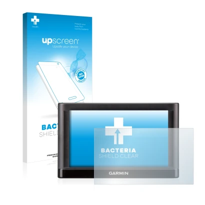 Parte frontal de un envase de producto con el logotipo de la marca upscreen. Al lado se muestra el dispositivo Garmin nüvi 55L