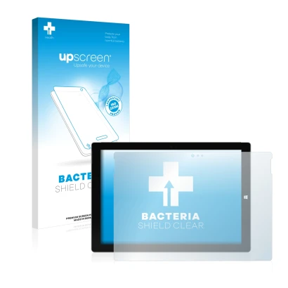 Parte frontal de un envase de producto con el logotipo de la marca upscreen. Al lado se muestra el dispositivo Microsoft Surfa