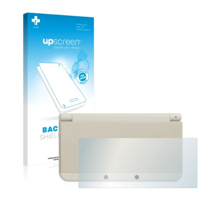 Parte frontal de un envase de producto con el logotipo de la marca upscreen. Al lado se muestra el dispositivo Nintendo New 3D