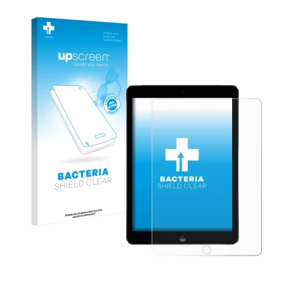 Parte frontal de un envase de producto con el logotipo de la marca upscreen. Al lado se muestra el dispositivo Apple iPad Air