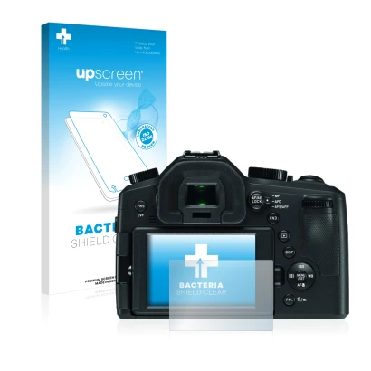 Parte frontal de un envase de producto con el logotipo de la marca upscreen. Al lado se muestra el dispositivo Leica V-LUX (Ty