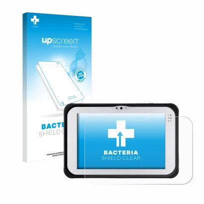 Parte frontal de un envase de producto con el logotipo de la marca upscreen. Al lado se muestra el dispositivo Panasonic Tough