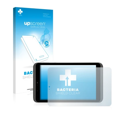 Parte frontal de un envase de producto con el logotipo de la marca upscreen. Al lado se muestra el dispositivo Tesco hudl2 con
