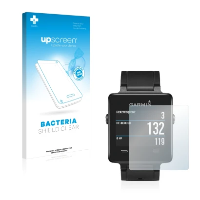 Parte frontal de un envase de producto con el logotipo de la marca upscreen. Al lado se muestra el dispositivo Garmin vivoacti