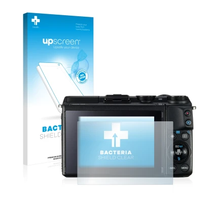 Parte frontal de un envase de producto con el logotipo de la marca upscreen. Al lado se muestra el dispositivo Canon EOS M3 co