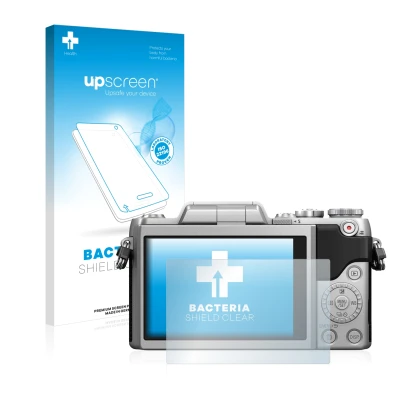 Parte frontal de un envase de producto con el logotipo de la marca upscreen. Al lado se muestra el dispositivo Panasonic Lumix