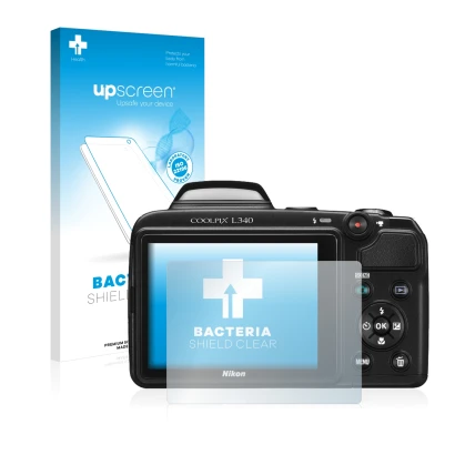 Parte frontal de un envase de producto con el logotipo de la marca upscreen. Al lado se muestra el dispositivo Nikon Coolpix L