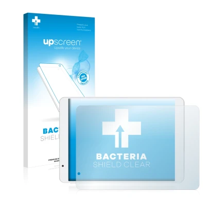Parte frontal de un envase de producto con el logotipo de la marca upscreen. Al lado se muestra el dispositivo Teclast X89HD c