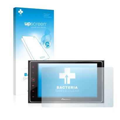 Parte frontal de un envase de producto con el logotipo de la marca upscreen. Al lado se muestra el dispositivo Pioneer SPH-DA1
