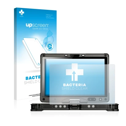 Parte frontal de un envase de producto con el logotipo de la marca upscreen. Al lado se muestra el dispositivo Getac V110 con 