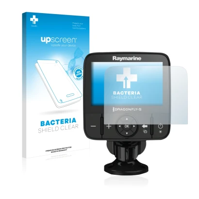 Parte frontal de un envase de producto con el logotipo de la marca upscreen. Al lado se muestra el dispositivo Raymarine Drago