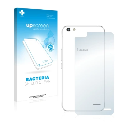 Parte frontal de un envase de producto con el logotipo de la marca upscreen. Al lado se muestra el dispositivo iOcean X9 (Tras