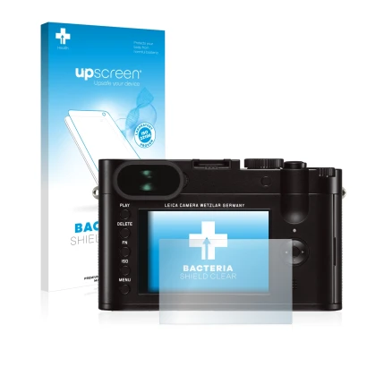 Parte frontal de un envase de producto con el logotipo de la marca upscreen. Al lado se muestra el dispositivo Leica Q (Typ 11
