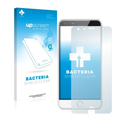 Parte frontal de un envase de producto con el logotipo de la marca upscreen. Al lado se muestra el dispositivo Ulefone Be Touc