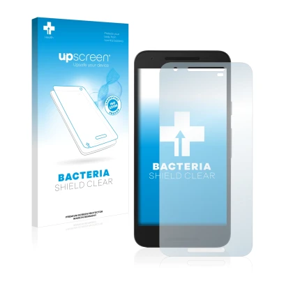 Parte frontal de un envase de producto con el logotipo de la marca upscreen. Al lado se muestra el dispositivo LG Nexus 5X con
