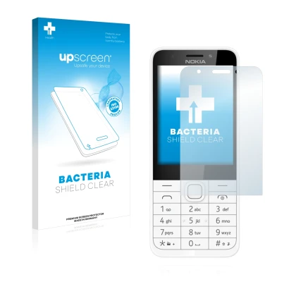 Parte frontal de un envase de producto con el logotipo de la marca upscreen. Al lado se muestra el dispositivo Nokia 230 con s