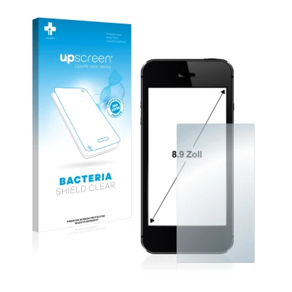 Parte frontal de un envase de producto con el logotipo de la marca upscreen. Al lado se muestra el dispositivo con su protecto
