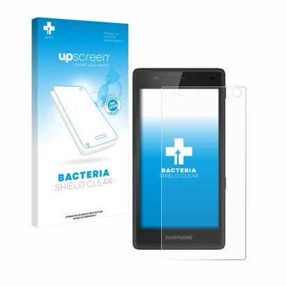 Parte frontal de un envase de producto con el logotipo de la marca upscreen. Al lado se muestra el dispositivo Fairphone 2 con