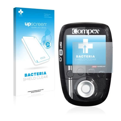 Parte frontal de un envase de producto con el logotipo de la marca upscreen. Al lado se muestra el dispositivo Compex SP 8.0 c