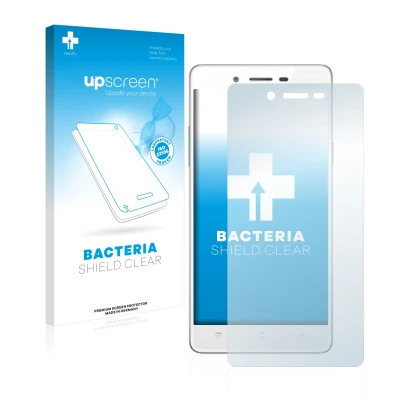 Parte frontal de un envase de producto con el logotipo de la marca upscreen. Al lado se muestra el dispositivo Oppo A51 con su