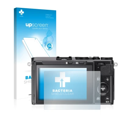 Parte frontal de un envase de producto con el logotipo de la marca upscreen. Al lado se muestra el dispositivo Fujifilm FinePi