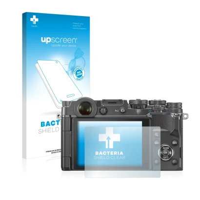 Parte frontal de un envase de producto con el logotipo de la marca upscreen. Al lado se muestra el dispositivo Olympus PEN-F c