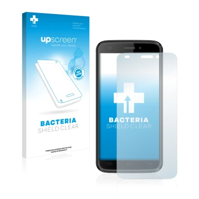 Parte frontal de un envase de producto con el logotipo de la marca upscreen. Al lado se muestra el dispositivo Doogee DG320 co