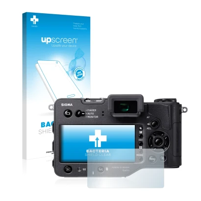 Parte frontal de un envase de producto con el logotipo de la marca upscreen. Al lado se muestra el dispositivo Sigma SD Quattr