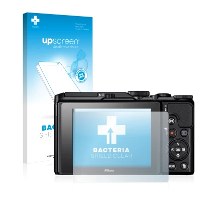 Parte frontal de un envase de producto con el logotipo de la marca upscreen. Al lado se muestra el dispositivo Nikon Coolpix A