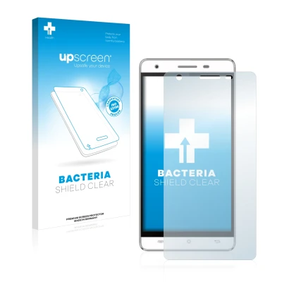 Parte frontal de un envase de producto con el logotipo de la marca upscreen. Al lado se muestra el dispositivo Cubot H2 con su