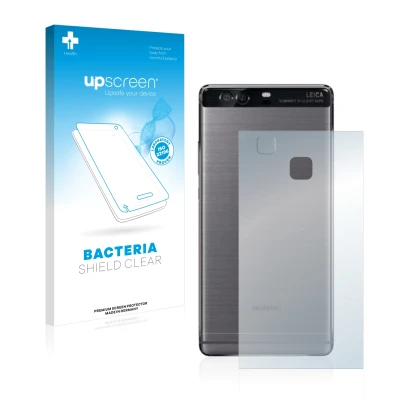Parte frontal de un envase de producto con el logotipo de la marca upscreen. Al lado se muestra el dispositivo Huawei P9 Plus