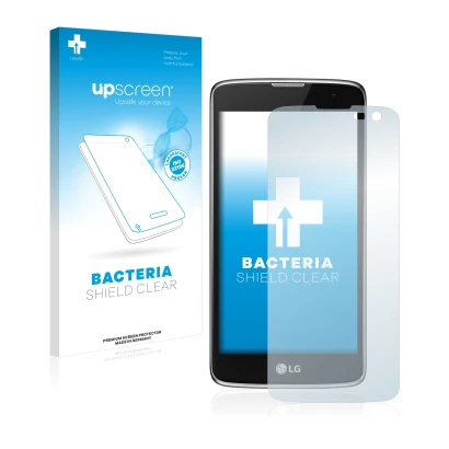 Parte frontal de un envase de producto con el logotipo de la marca upscreen. Al lado se muestra el dispositivo LG K7 (cámara a