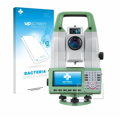 Parte frontal de un envase de producto con el logotipo de la marca upscreen. Al lado se muestra el dispositivo Leica Viva TS16