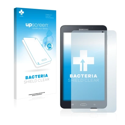 Parte frontal de un envase de producto con el logotipo de la marca upscreen. Al lado se muestra el dispositivo Samsung Galaxy