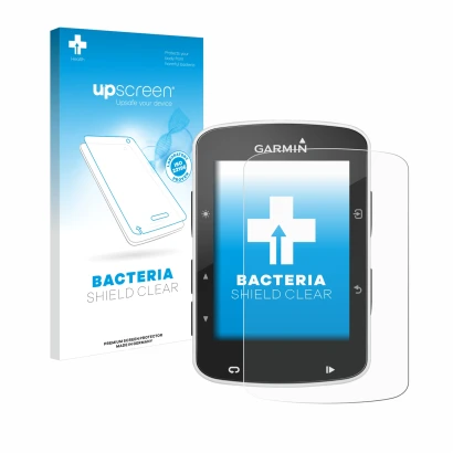 Parte frontal de un envase de producto con el logotipo de la marca upscreen. Al lado se muestra el dispositivo Garmin Edge 820