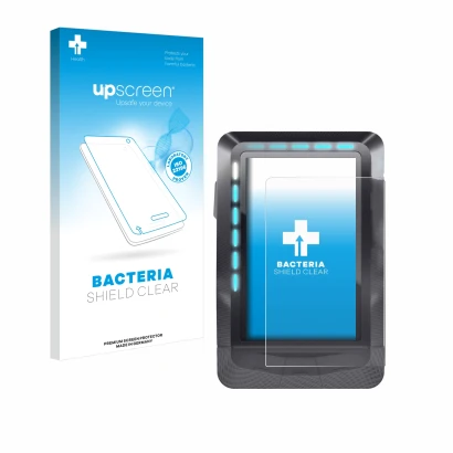 Parte frontal de un envase de producto con el logotipo de la marca upscreen. Al lado se muestra el dispositivo Wahoo Elemnt GP