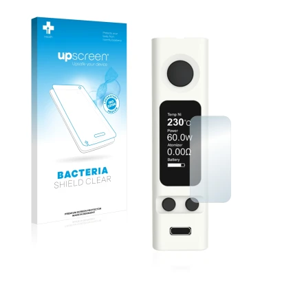 Parte frontal de un envase de producto con el logotipo de la marca upscreen. Al lado se muestra el dispositivo Joyetech eVic V