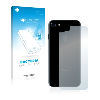 Parte frontal de un envase de producto con el logotipo de la marca upscreen. Al lado se muestra el dispositivo Apple iPhone 7