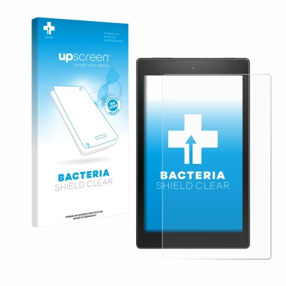 Parte frontal de un envase de producto con el logotipo de la marca upscreen. Al lado se muestra el dispositivo Amazon Fire HD