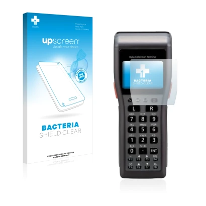 Parte frontal de un envase de producto con el logotipo de la marca upscreen. Al lado se muestra el dispositivo Casio DT-930 co