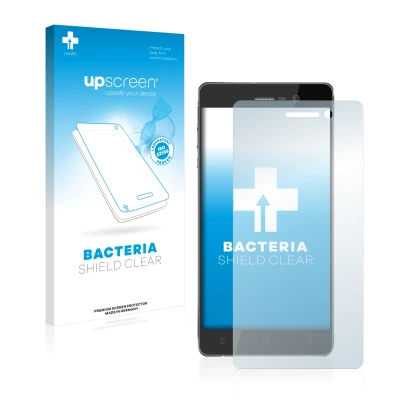 Parte frontal de un envase de producto con el logotipo de la marca upscreen. Al lado se muestra el dispositivo Blackview Omega