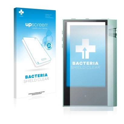 Parte frontal de un envase de producto con el logotipo de la marca upscreen. Al lado se muestra el dispositivo Astell&Kern AK7