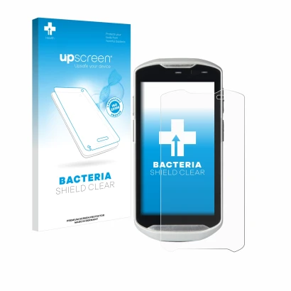 Parte frontal de un envase de producto con el logotipo de la marca upscreen. Al lado se muestra el dispositivo Zebra TC51 con