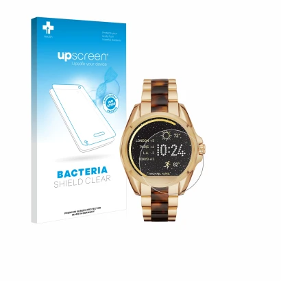 Parte frontal de un envase de producto con el logotipo de la marca upscreen. Al lado se muestra el dispositivo Michael Kors Ac