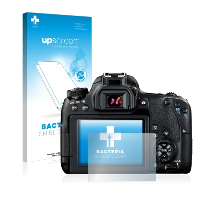 Parte frontal de un envase de producto con el logotipo de la marca upscreen. Al lado se muestra el dispositivo Canon EOS 77D c