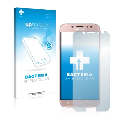 Parte frontal de un envase de producto con el logotipo de la marca upscreen. Al lado se muestra el dispositivo Samsung Galaxy